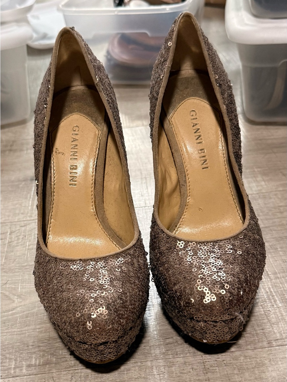 Gianni Bini Brown Sequin Platform Pumps